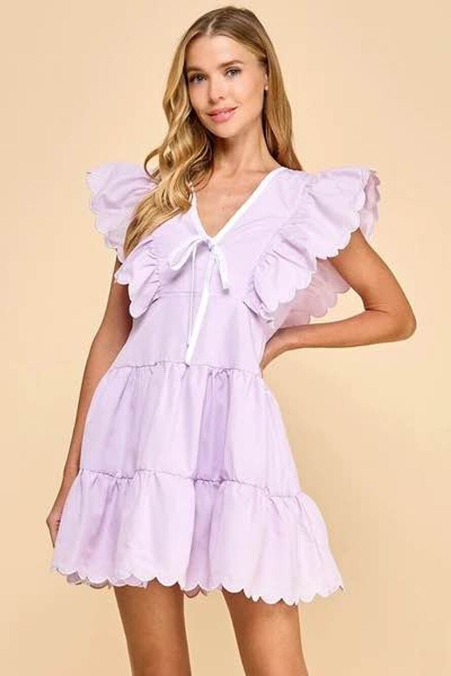 TCEC Women’s Large Lilac Purple V Neck Bow Detail Scalloped Ruffle Tiered Dress